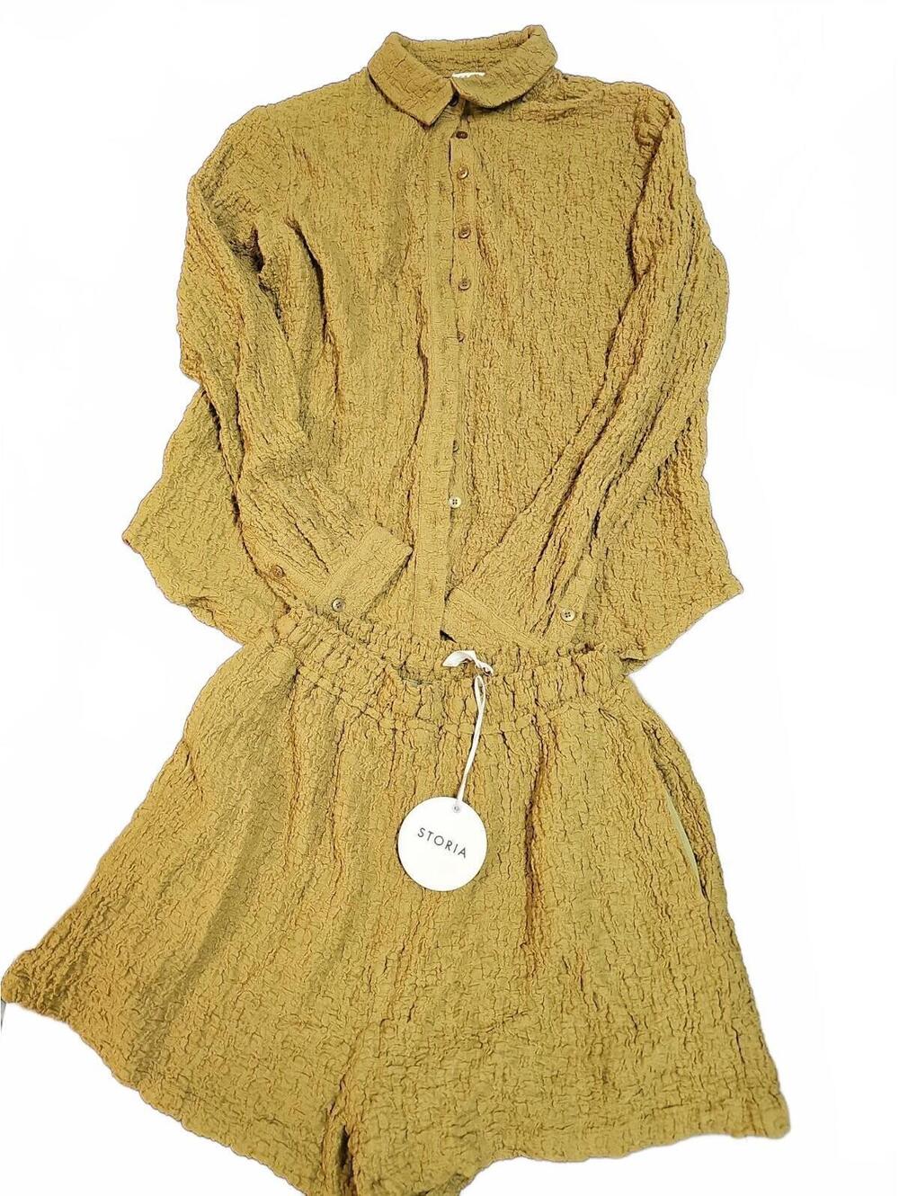 Storia Olive Crinkle Two Piece Set Long Sleeve Button Up & Lined Shorts S  Nwt